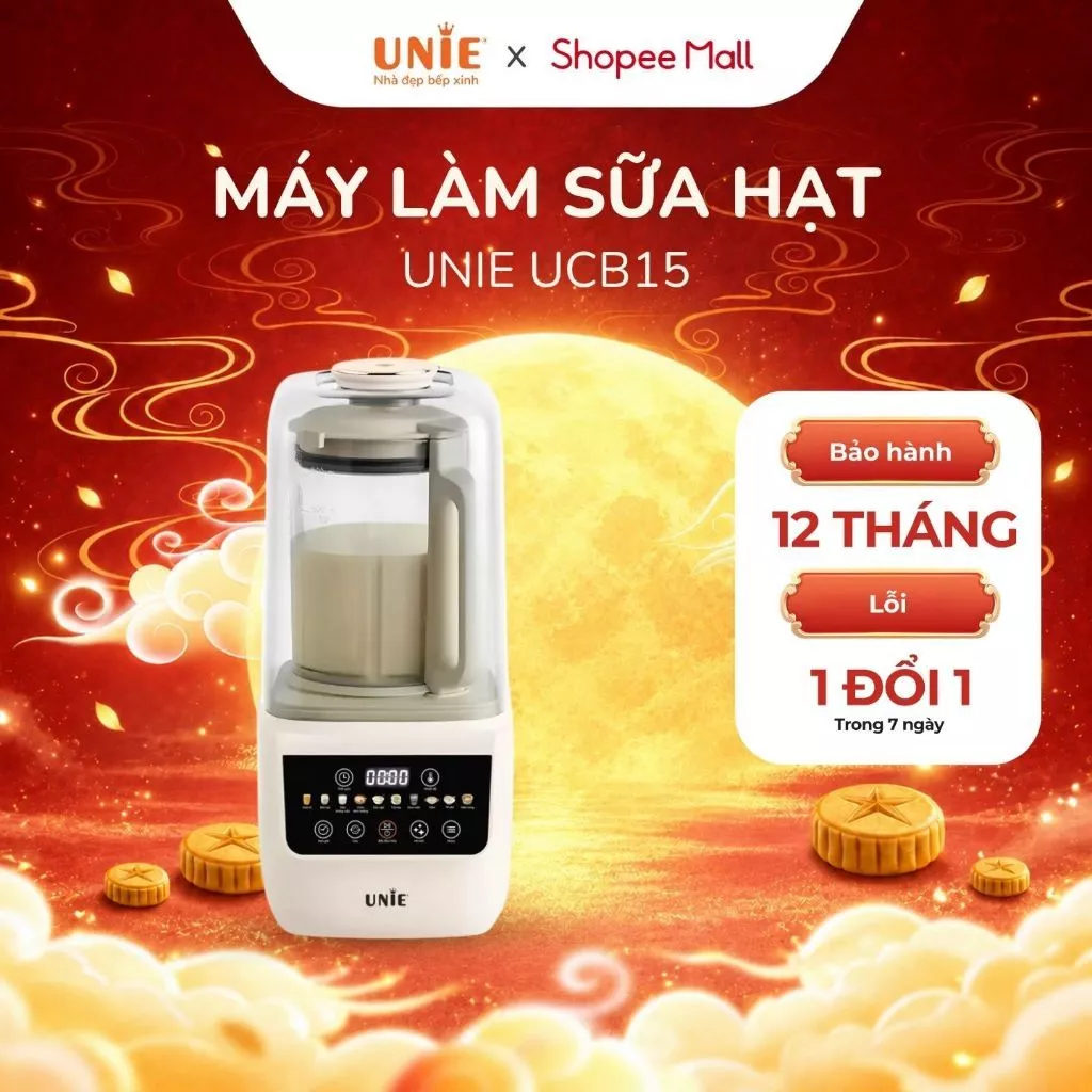 [HỎA TỐC HN] Máy làm sữa hạt UNIE UCB15 cối thủy tinh, dung tích 1.5L, nắp chụp giảm ồn 30%, lưỡi dao xay 8 cánh