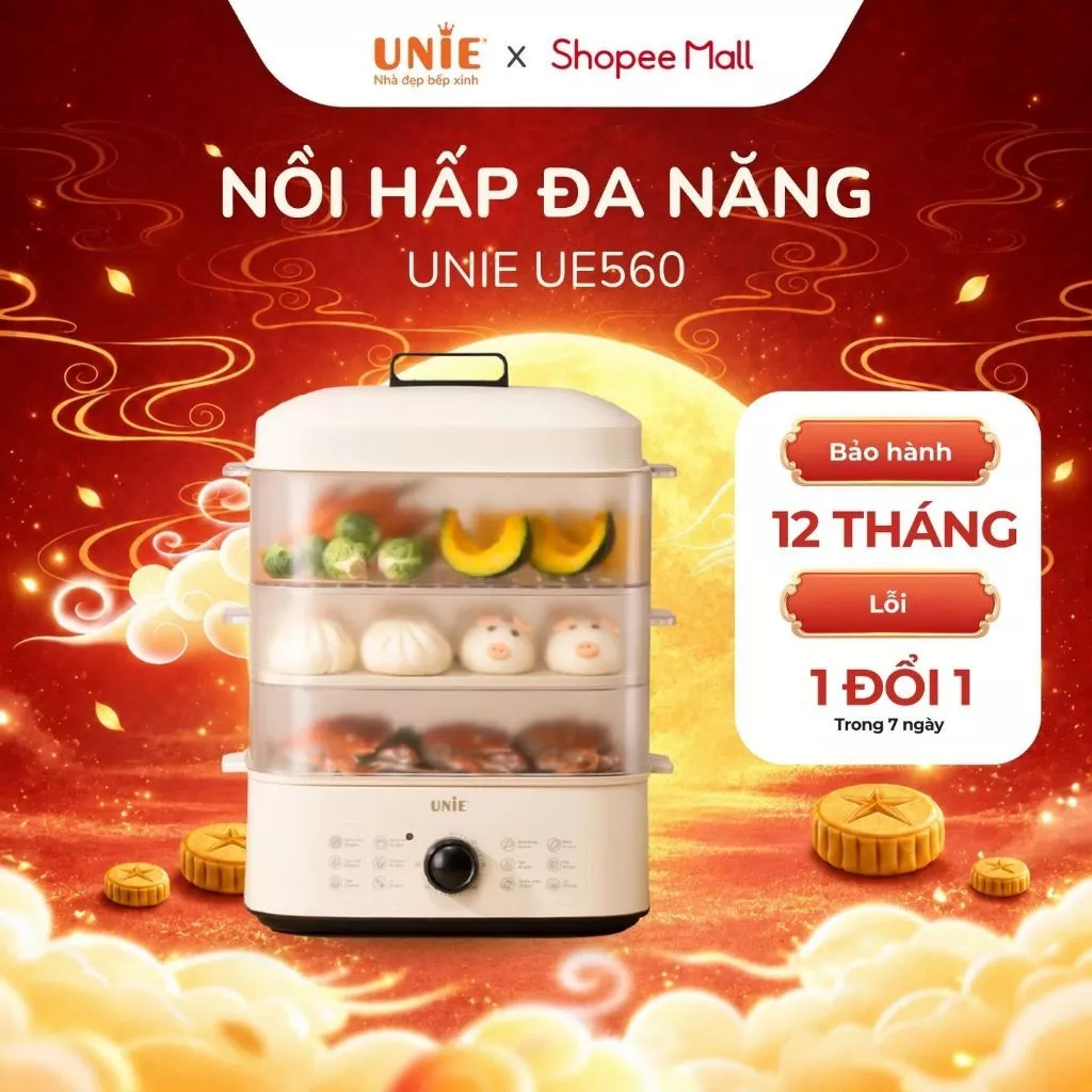 [HỎA TỐC HN] Nồi hấp 3 tầng UNIE UE560, công suất 850w, dung tích 18l, 3 tầng hấp,12 tính năng tiện lợi, bảo hành 12T