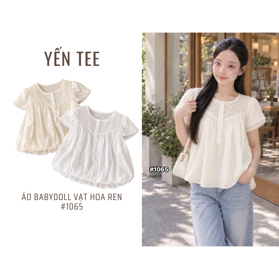 Áo babydoll tay bồng, vạt phối ren hoa, dáng bí, nữ tính, nhẹ nhàng, chất thô mềm, dễ phối đồ Yến Tee #1065