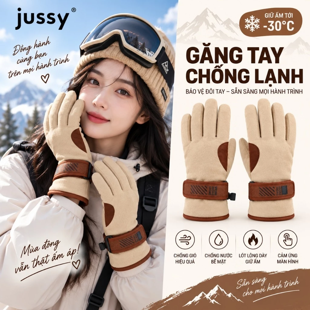 Găng Tay Giữ Ấm Mùa Đông JG25 Bao Tay Nam Nữ Jussy Official Lót Lông Cừu Dày Ấm Cảm Ứng Điện Thoại Cổ Tay Chống Gió Lùa