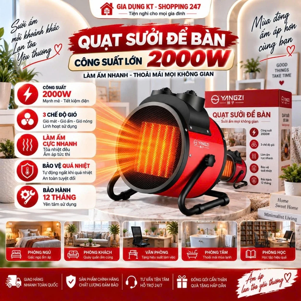 Quạt Sưởi Điện YANGZI Công Suất Lớn 2000W, 3 Tốc Độ Gió, Làm Ấm Cực Nhanh, Hoạt Động Mạnh Mẽ, Không Gây Tiếng Ồn