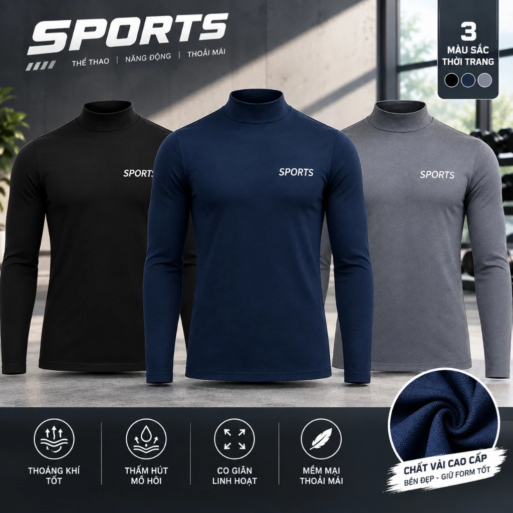 [COMBO 3] Áo Thun Dài Tay Giữ Nhiệt Nam Cổ 3 Phân, Ôm Body Mẫu SPORT, Chất Thun Lạnh Co Giãn Tốt 45-95KG