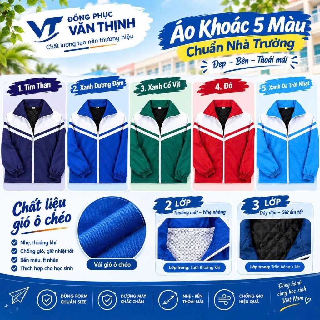 Áo Khoác Gió Đồng Phục Học Sinh Áo Học Sinh Mùa Đông Pha Chéo Cánh Dơi 3 Lớp 5 Màu Sắc Chuẩn Mẫu Nhà Trường