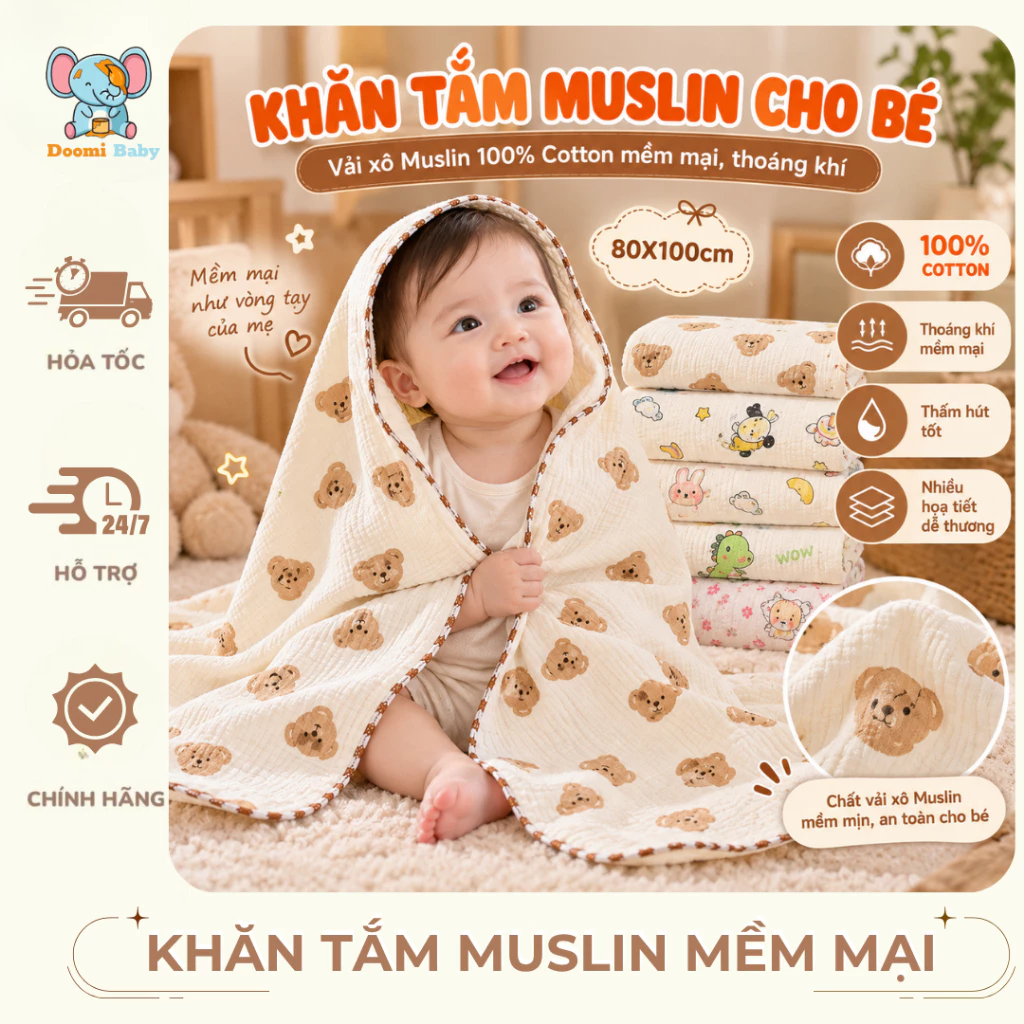 [Combo 2 Chiếc] Khăn tắm Muslin 4 lớp cho bé, khăn xô tắm bé sơ sinh 80*100cm Doomi Baby - HT855