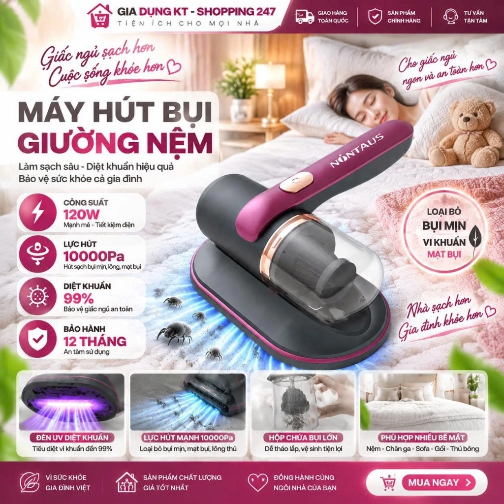 Máy Hút Bụi Giường Nệm, Máy Hút Bụi Cầm Tay Công Suất Lớn, Có Tia UV Diệt Khuẩn, Làm Sạch Ga Giường, Chăn Gối, Quần Áo