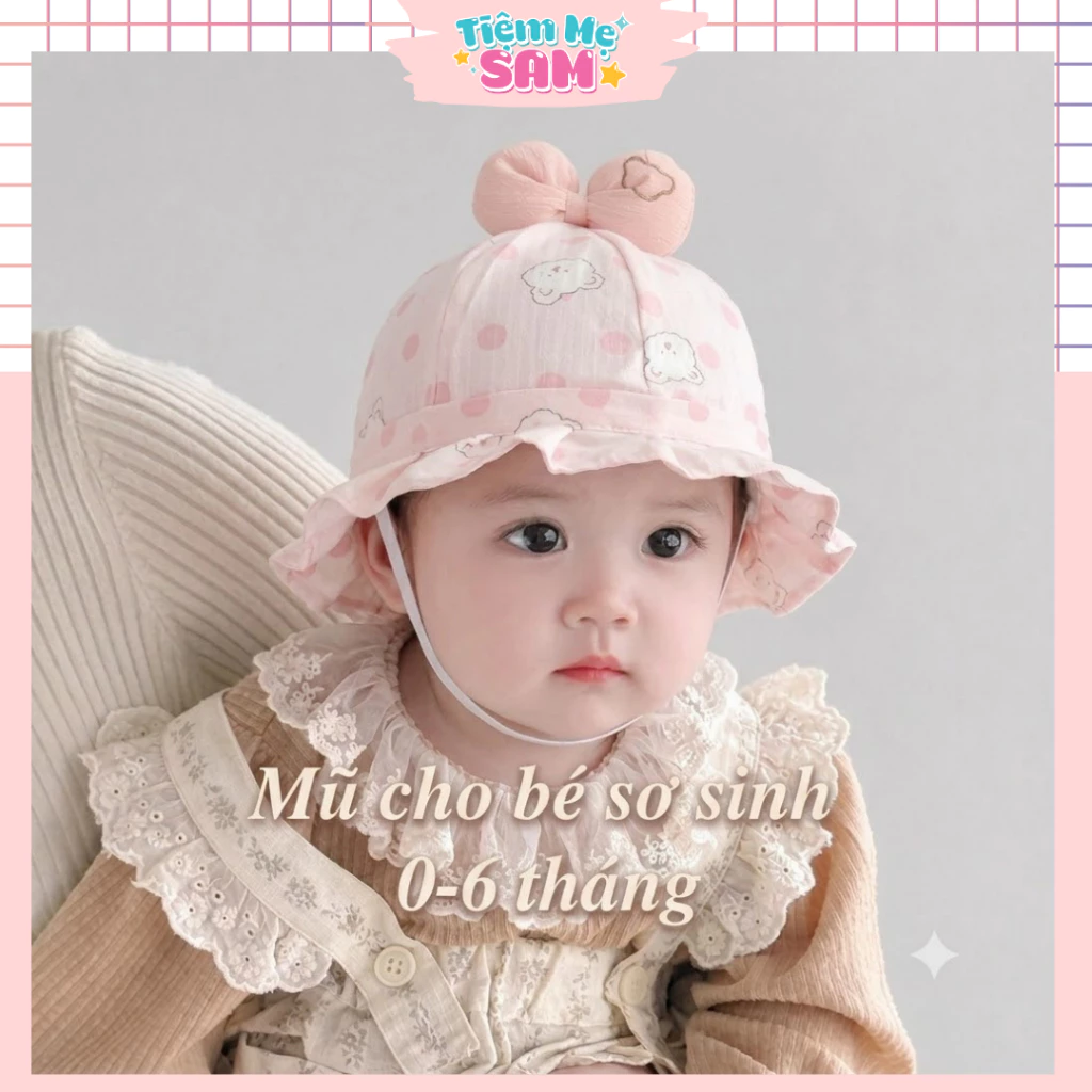 MUG50 - Mũ Sơ Sinh Che Nắng Cho Bé 0-6 Tháng, Mũ Vành Họa Tiết Hoạt Hình Dễ Thương, Có Dây Rút Điều Chỉnh