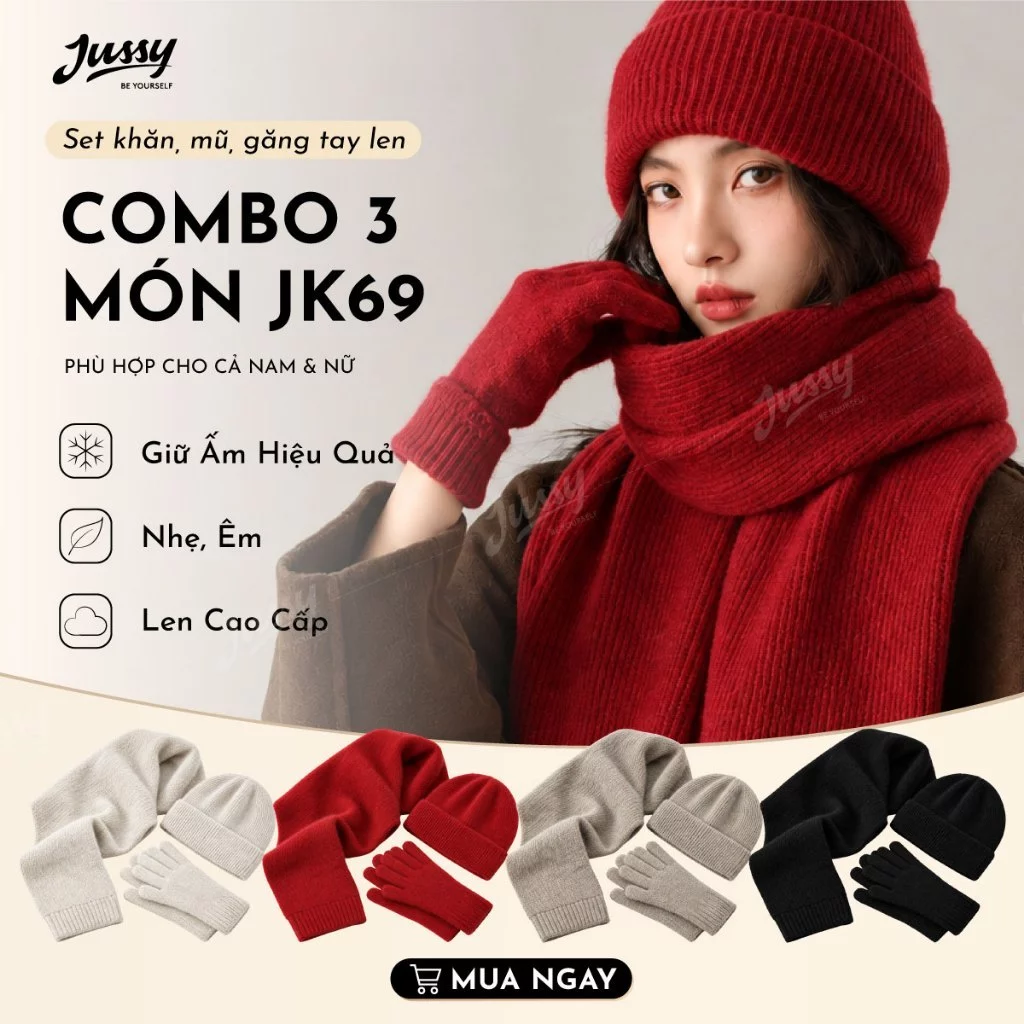 Set Khăn Len Mũ Len Găng Tay JK69 Jussy Official Bộ 3 Món Phụ Kiện Giữ Ấm Mùa Đông Đi Chơi Du Lịch Chất Len Dệt Kim Dày