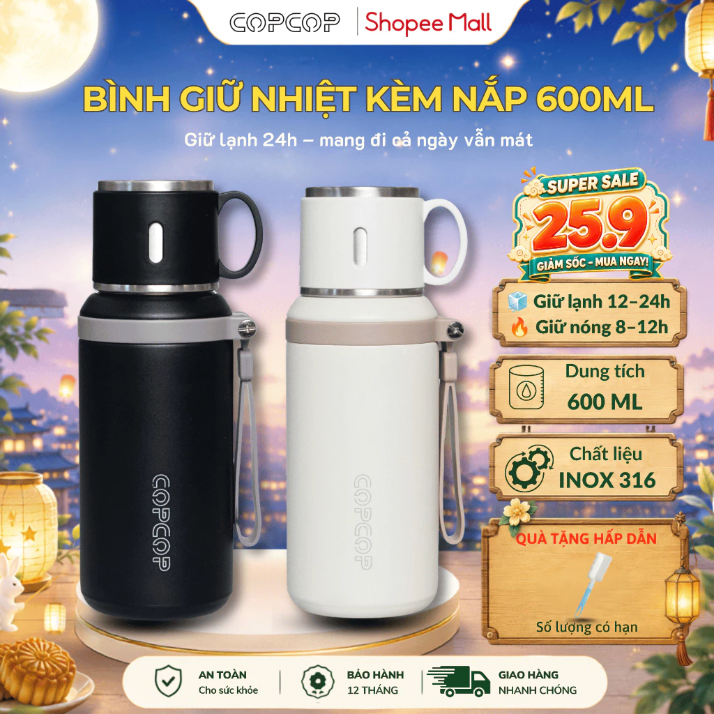 Bình giữ nhiệt tặng kèm nắp uống COPCOP, dung tích 600ml inox 316 an toàn chống han gỉ,giữ nhiệt 12h