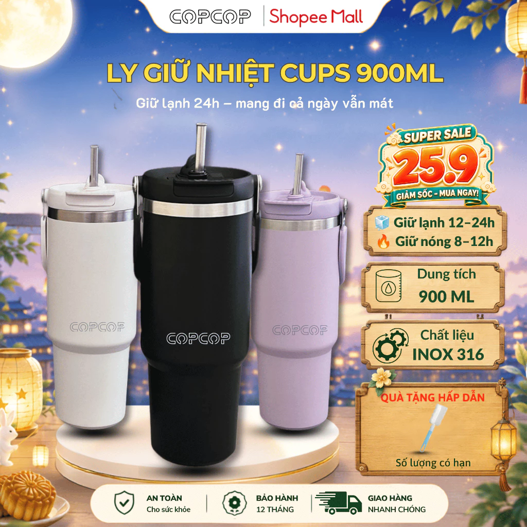 Ly giữ nhiệt Cups COPCOP dung tích 900ml, inox 304 an toàn chống han gỉ, có tay xách cầm tiện lợi