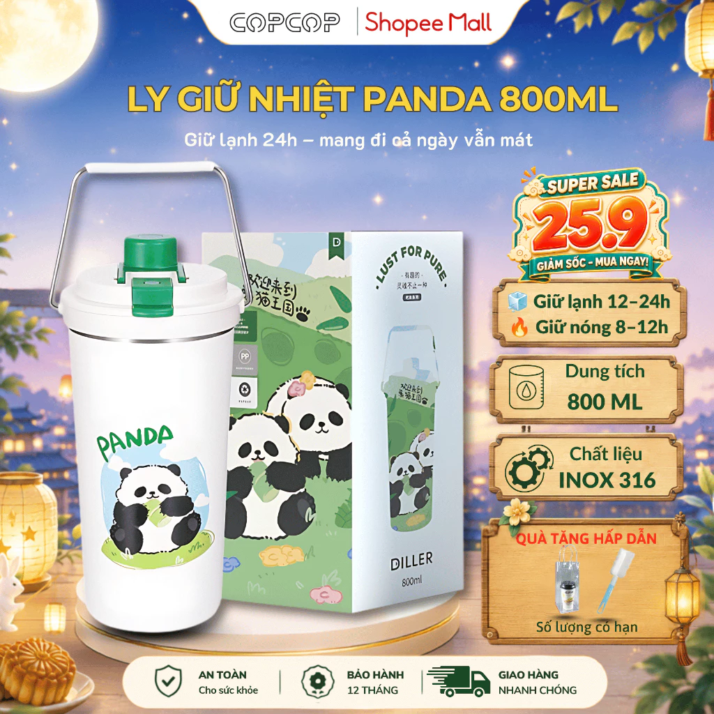 Ly giữ nhiệt COPCOP, phiên bản PANDA tích 800ml INOX 316 giữ nhiệt 12h chống han gỉ, kèm ống hút