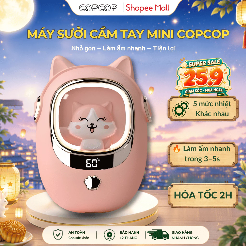 Máy sưởi mini cầm tay COPCOP, máy sưởi tay cute vào mùa đông với 5 mức nhiệt và chườm nóng bụng kinh