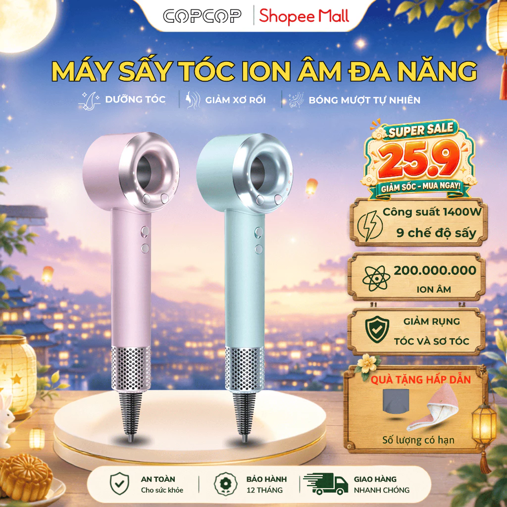 Máy sấy tóc ion âm COPCOP với 200 triệu ion âm bảo vệ tóc 2 chiều và 9 chế độ sấy bảo hành 12 tháng