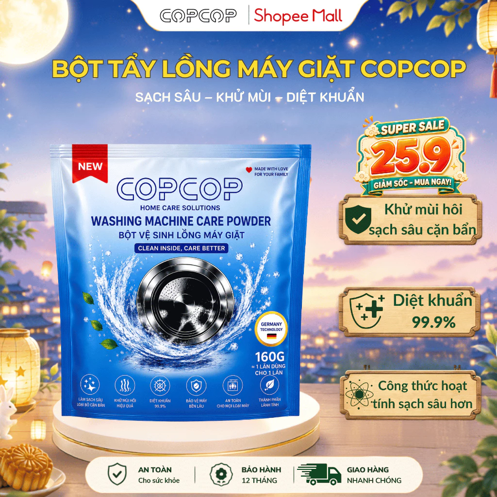 Bột Vệ Sinh Lồng Máy Giặt COPCOP 160G Khử Mùi Hôi, Diệt Khuẩn, Làm Sạch Cặn Bẩn, Hiệu Quả và An Toàn