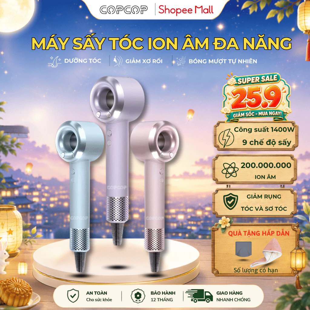 Máy sấy tóc ion âm COPCOP có 9 chế độ sấy và 200 triệu ion âm bảo vệ tóc giảm rụng bảo hành 12 tháng