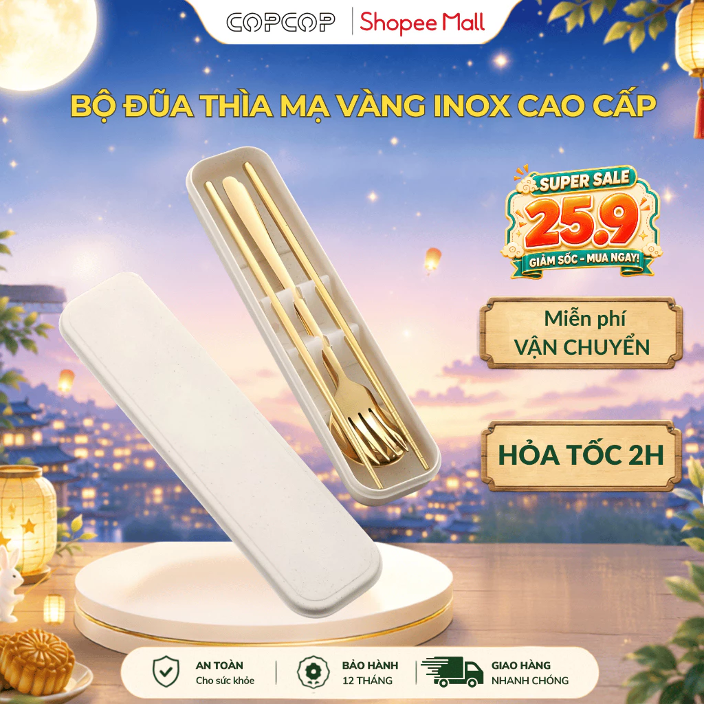 Bộ đũa thìa dĩa inox mạ vàng COPCOP, bộ đũa thìa dĩa kèm hộp đựng sang trọng, tiện lợi cho văn phòng