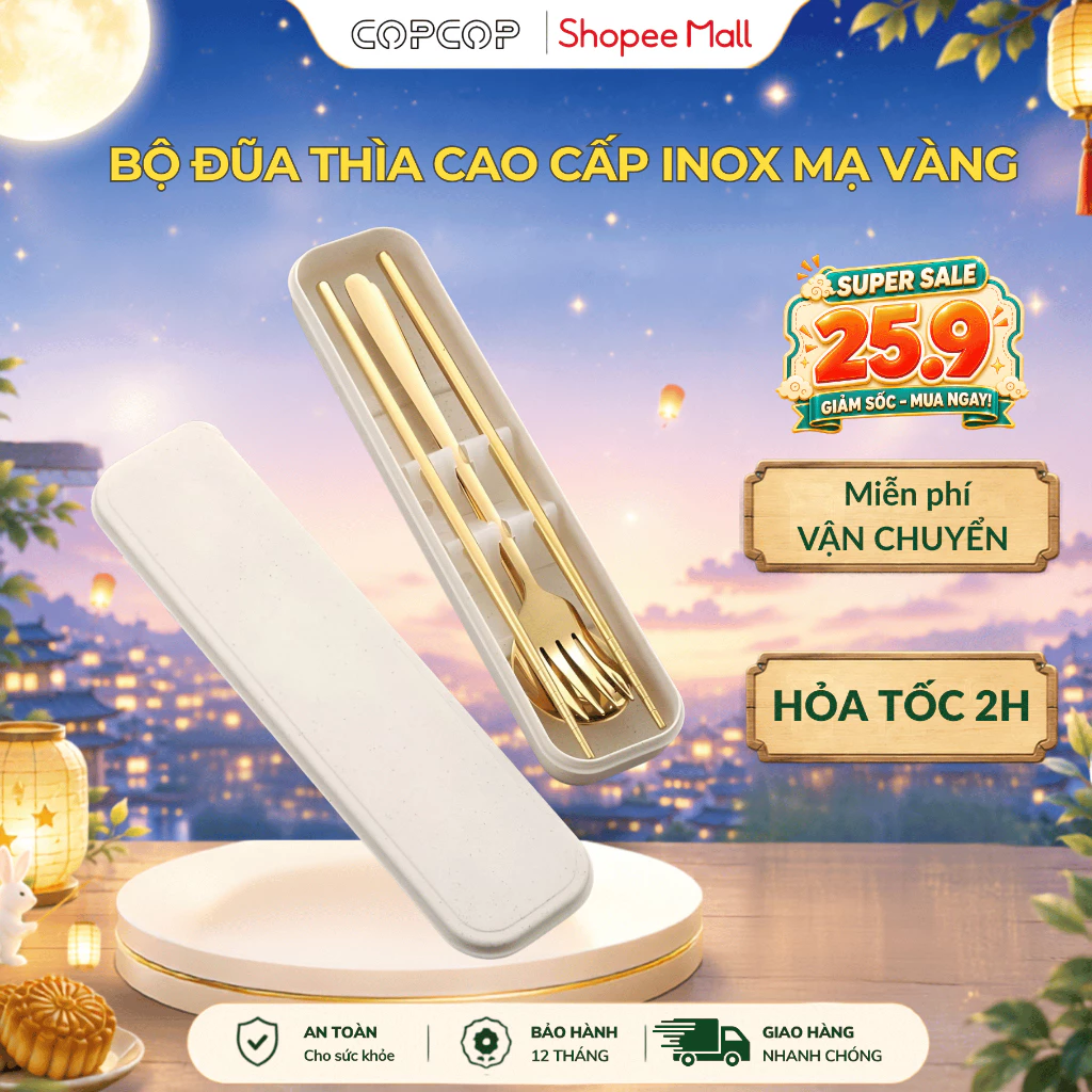 Bộ đũa thìa dĩa inox cán gỗ COPCOP, bộ đũa thìa dĩa kèm hộp đựng sang trọng, tiện lợi