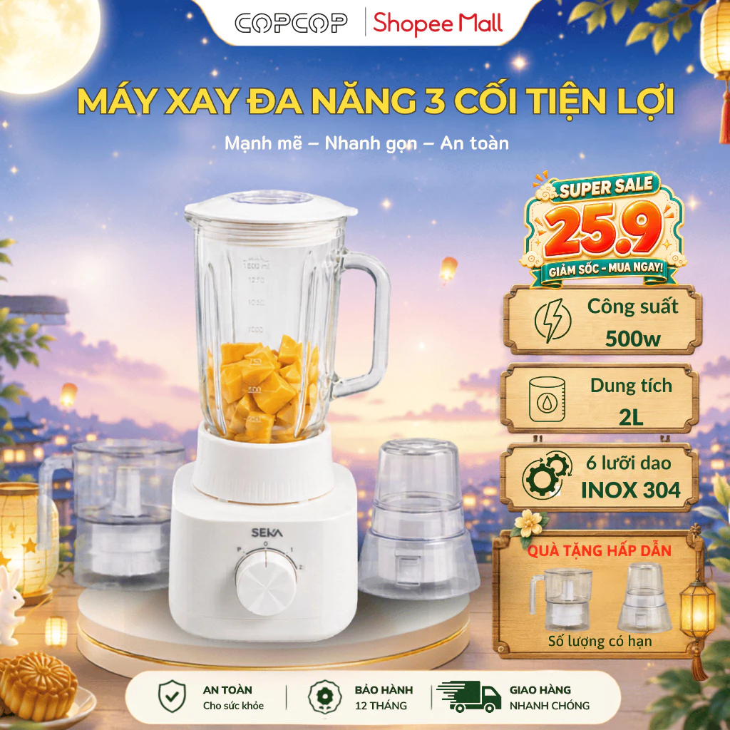 Máy Xay Đa Năng 3 Cối seka COPCOP, 3 Cối Thay Thế Tiện Lợi  Xay Sinh Tố, Thịt và Hạt, Công Suất 500W