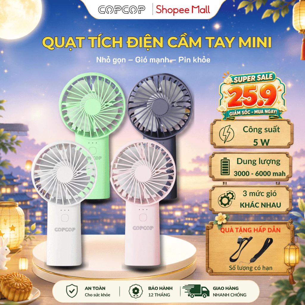 Quạt mini cầm tay COPCOP tích điện pin khủng 6000mAh/3000mAh, 3 tốc độ gió linh hoạt, đèn pin sáng