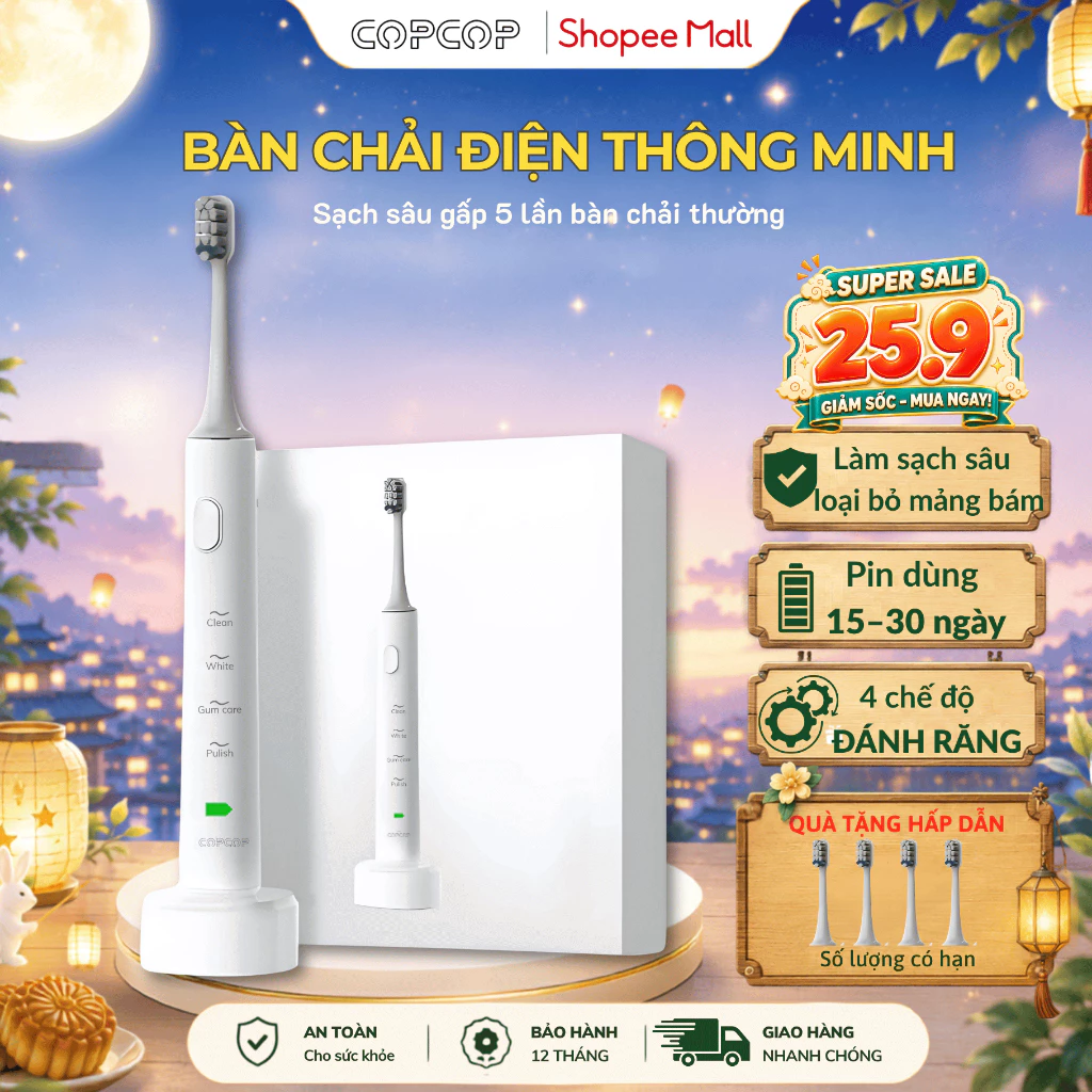 Bàn chải điện COPCOP bàn chải đánh răng điện thông minh với 4 chế độ làm sạch răng, bảo hành 6 tháng