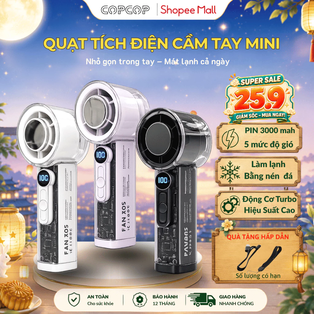 Quạt mini cầm tay COPCOP pin khủng 3000mAh có màn hình led thông minh sạc nhanh tốc độ gió siêu mạnh