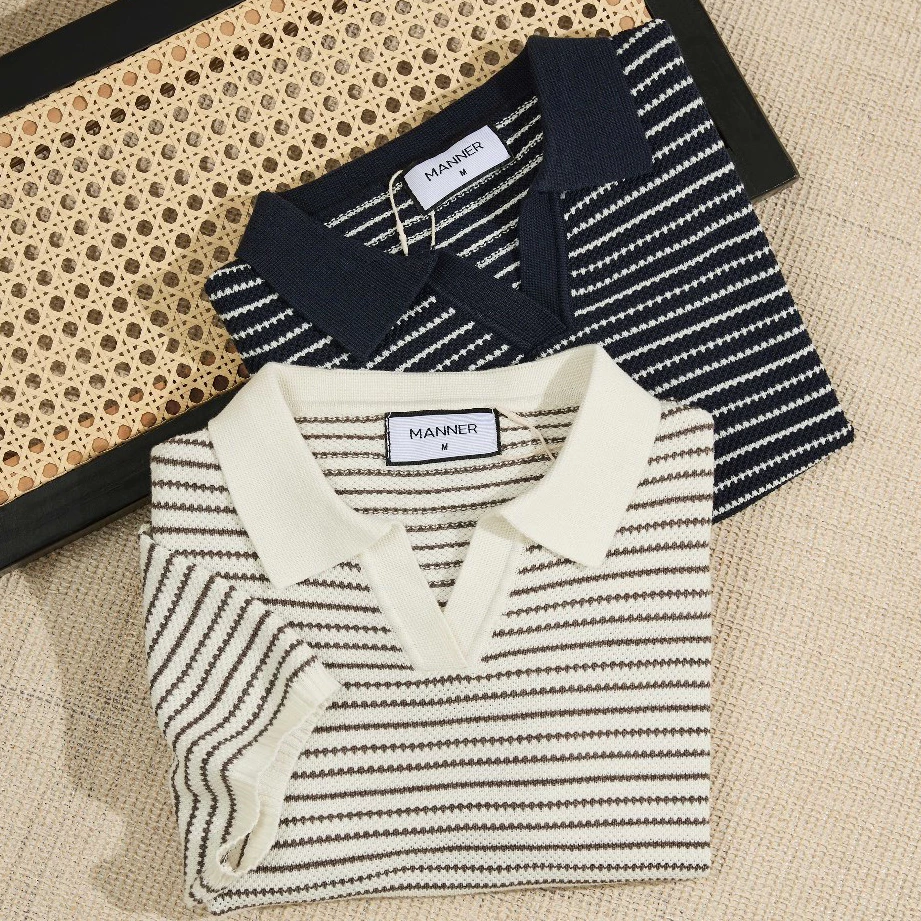 Áo Polo Dệt Kim Mystic Stripe Kẻ Sọc, Áo Len Cổ V Cotton Dệt Kim Cotton Cao Cấp,Thoáng Mát,Form Gọn Gàng, Lịch sự-MANNER