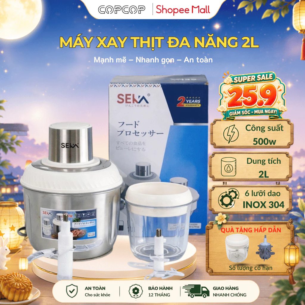 Máy xay thịt 2 cối đa năng Seka COPCOP, máy xay thịt  công suất 500w xay thịt cá tỏi ớt nhanh