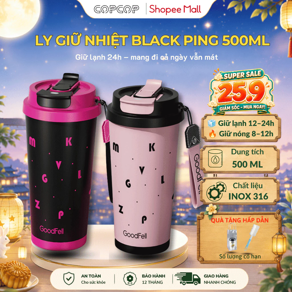 Ly giữ nhiệt Black-Pink COPCOP, dung tích 500ml inox 316L lót gốm cao cấp chống han gỉ, 2 đầu uống