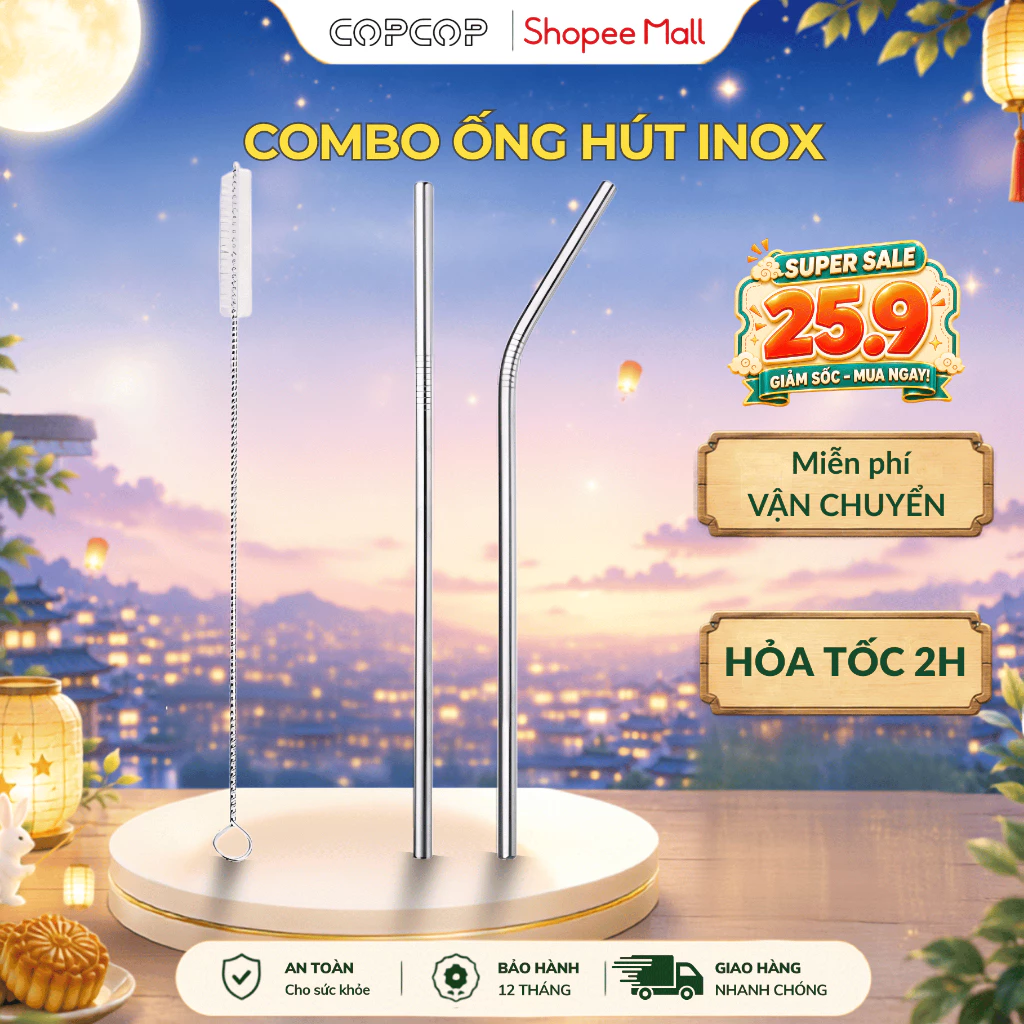 (Quà tặng không bán) Combo ống hút inox COPCOP cao cấp thép không gỉ, gồm 1 thẳng 1 ống cong, 1 cọ rửa ống hút