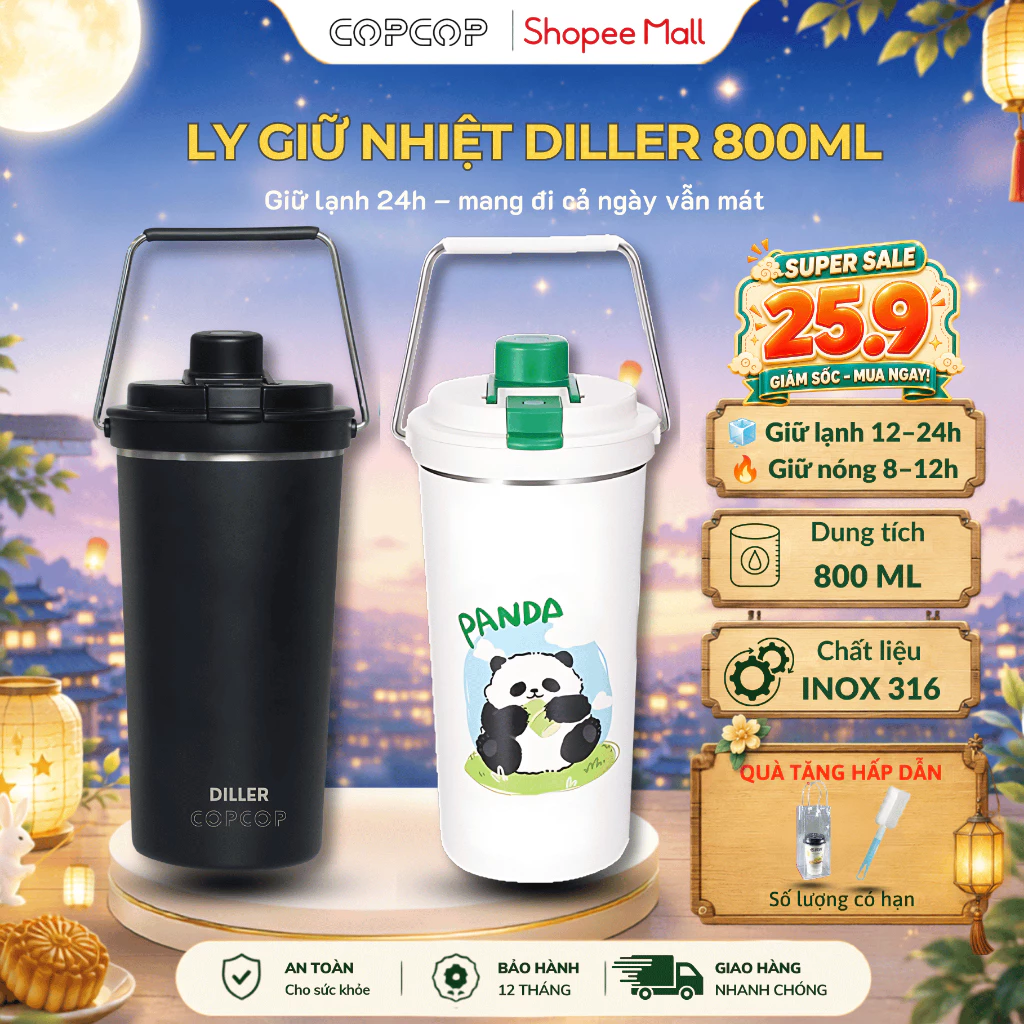Ly giữ nhiệt Diller COPCOP dung tích 800ml, inox 316 an toàn chống han gỉ, 2 đầu uống hút tiện lợi