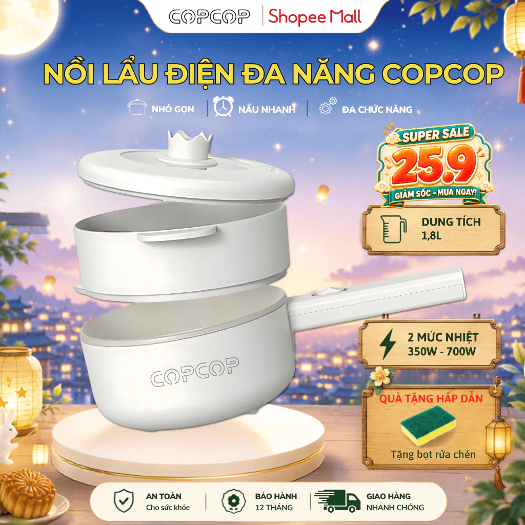 Nồi lẩu điện đa năng COPCOP nồi lẩu dung tích 1.8L tặng kèm khay hấp tiện lợi bảo hành 12 tháng
