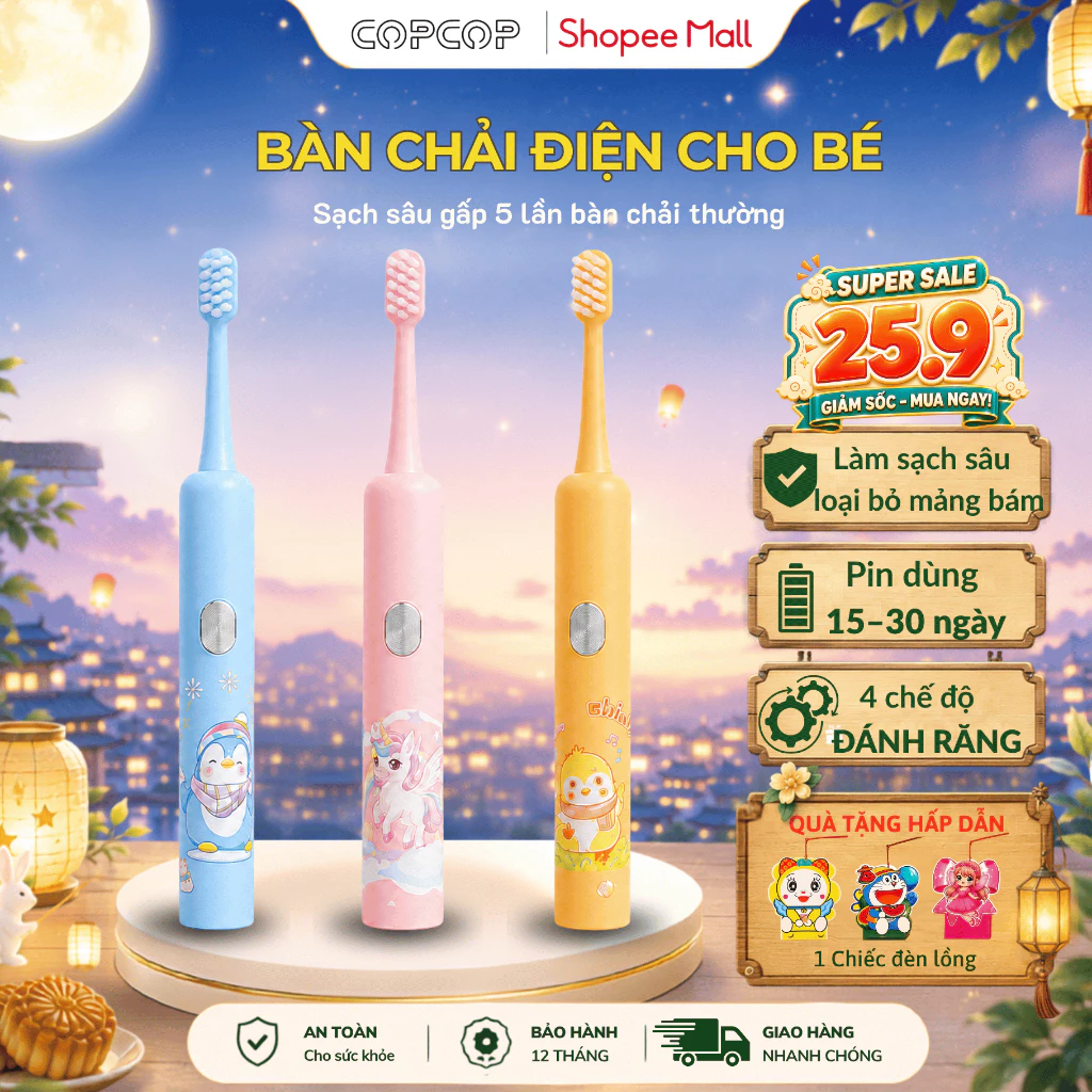 Bàn Chải Điện Cho Bé COPCOP  3+ Tuổi, 5 Chế Độ Chải , Lông Mền, Chống Nước IPX7, Bảo Hành 12 Tháng .