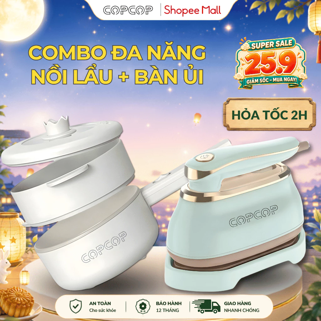Combo đa năng COPCOP, nồi lẩu điện đa năng 1L8 và bàn ủi hơi nước cầm tay bảo hành 12 tháng