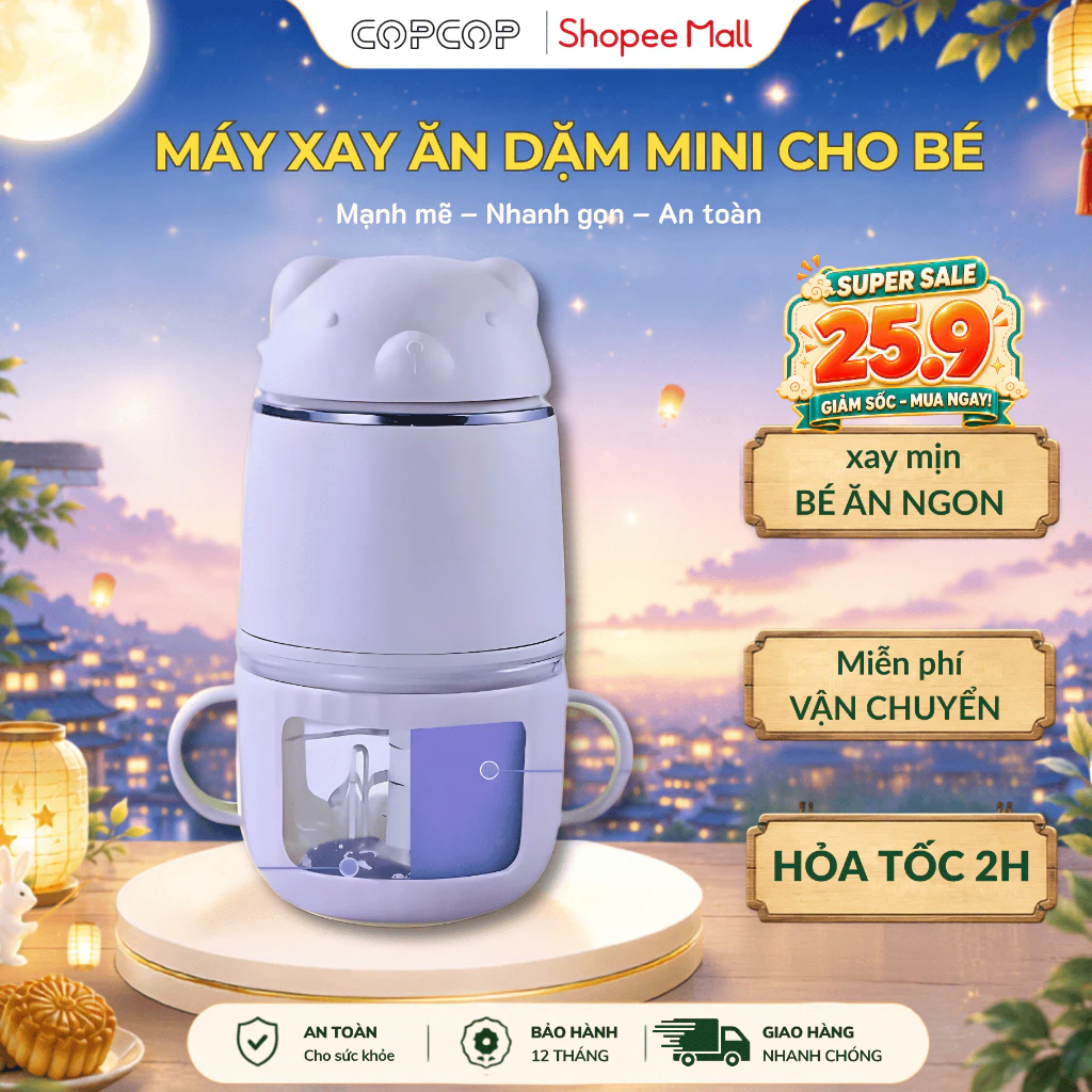 Máy xay ăn dặm mini cho bé GRAPO COPCOP dung tích 300ml, cối thủy tinh, có tay cầm xay nhuyễn đồ ăn