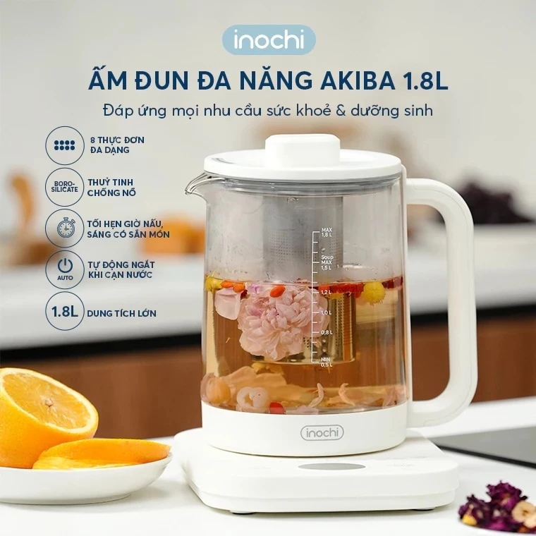 Ấm đun đa năng Akiba 1,8L - Chính hãng inochi Nấu Trà, Chưng Yến, Hầm Súp, Giữ ẤmĐun Nhanh Ấm Lâu