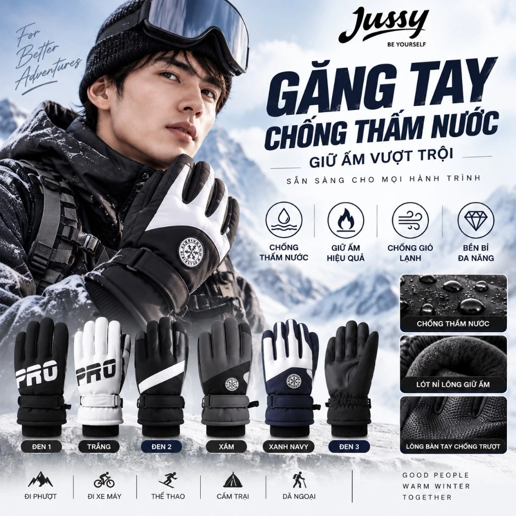 Găng Tay Nam Mùa Đông Tổng Hợp Jussy Official Chạy Xe Lót Nỉ Lông Giữ Ấm Trượt Nước Cổ Chun Ngăn Gió Cảm Ứng Điện Thoại