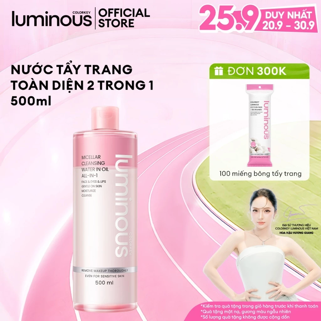 Nước Tẩy Trang Colorkey Luminous 500ml/ chai | Tỷ lệ nước:dầu 85:15 | Dành cho mặt, mắt, môi Phù hợp da nhạy cảm