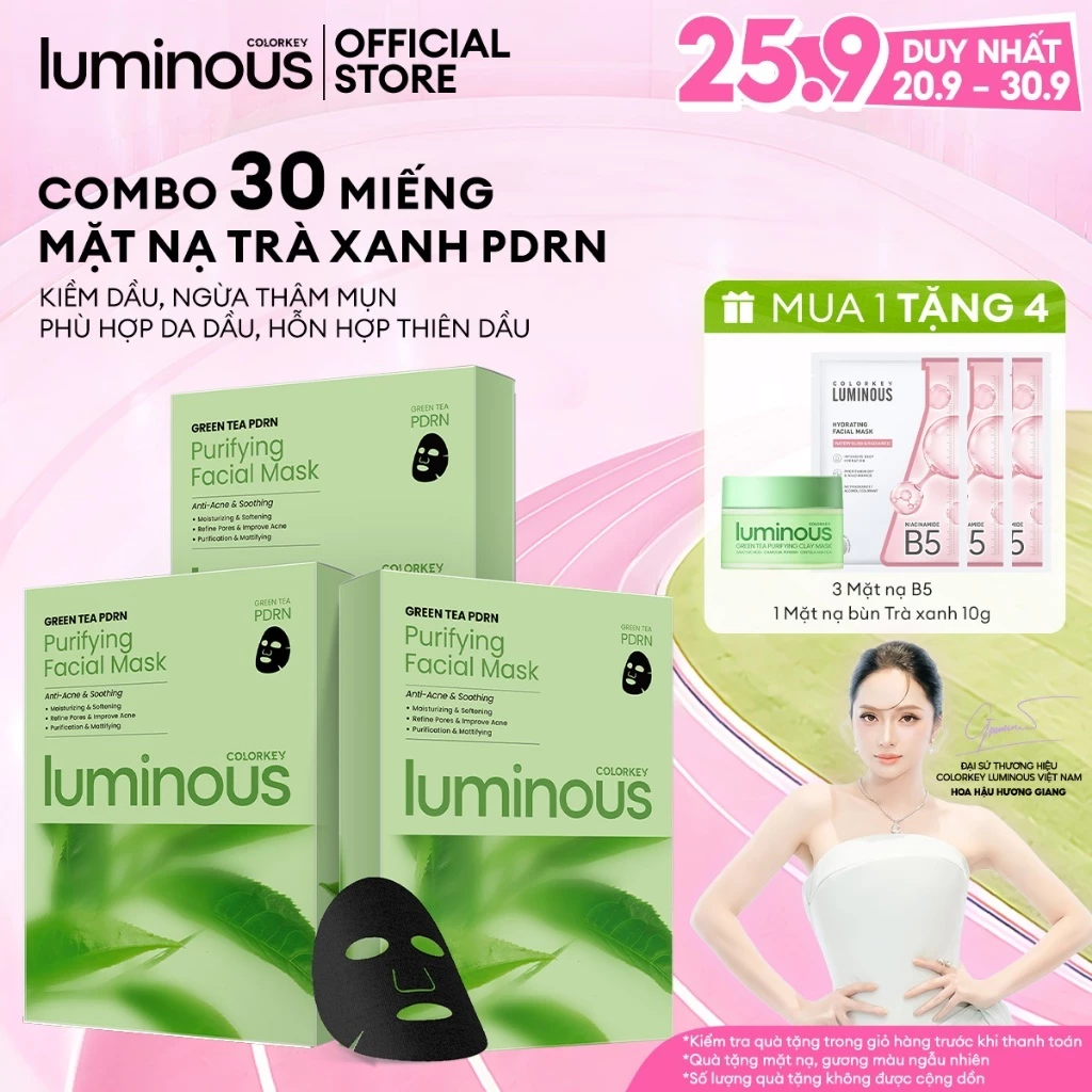 Combo 30 Miếng Mặt Nạ Giấy Trà PDRN Trà Xanh | Colorkey Luminous | Hỗ Trợ Giảm Mụn, Giảm Đỏ | 25ml x 30 Miếng