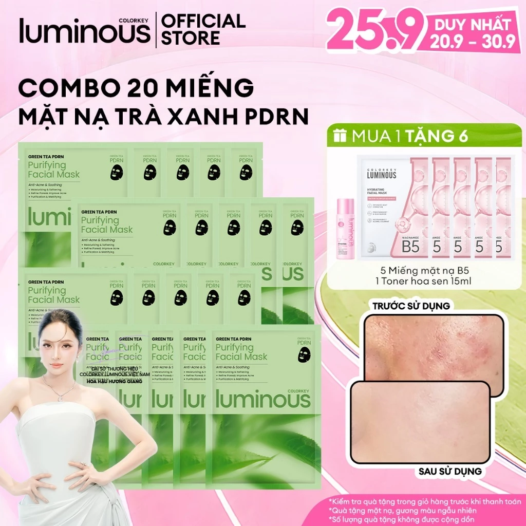 [MUA 1 TẶNG 6] COMBO 20 Mặt Nạ Colorkey Luminous Trà Xanh PDRN Thuần Chay| Hỗ trợ kiềm dầu, giảm mụn hiệu quả