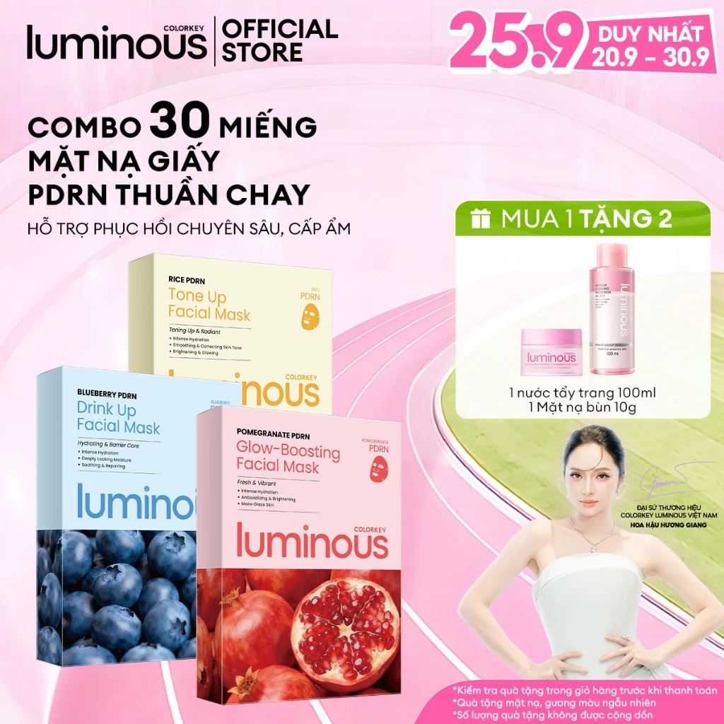 Combo 3 Hộp Mặt Nạ PDRN Colorkey Luminous | Thuần Chay Hỗ Trợ Căng Bóng Da, Chống Lão Hóa – 25ml x 30 Miếng