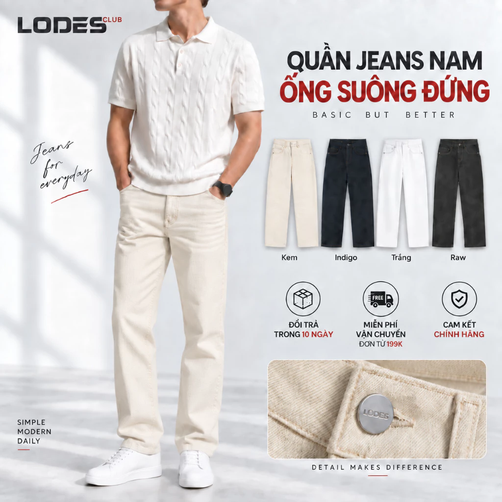 Quần Jean Ống Suông LODES CLUB Form Hàn Quốc Chất Denim Cotton Mềm Mại Dành Cho Nam, Menswear Wash