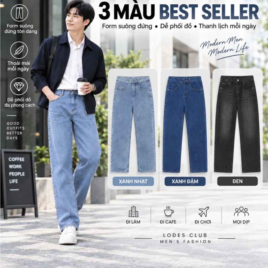Quần Jean Dài Nam Ống Suông LODES CLUB Form Hàn Quốc Chất Denim Cotton Mềm Mại Dành Cho Nam, Menswear Wash Mềm Vintage
