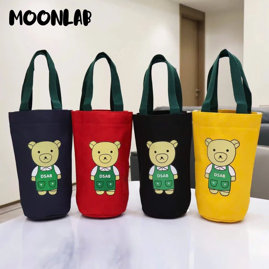 Túi đựng bình nước, bình giữ nhiệt, túi vải cầm tay họa tiết gấu dùng cho bình từ 300ml đến 1000ml vải bố Moonlab