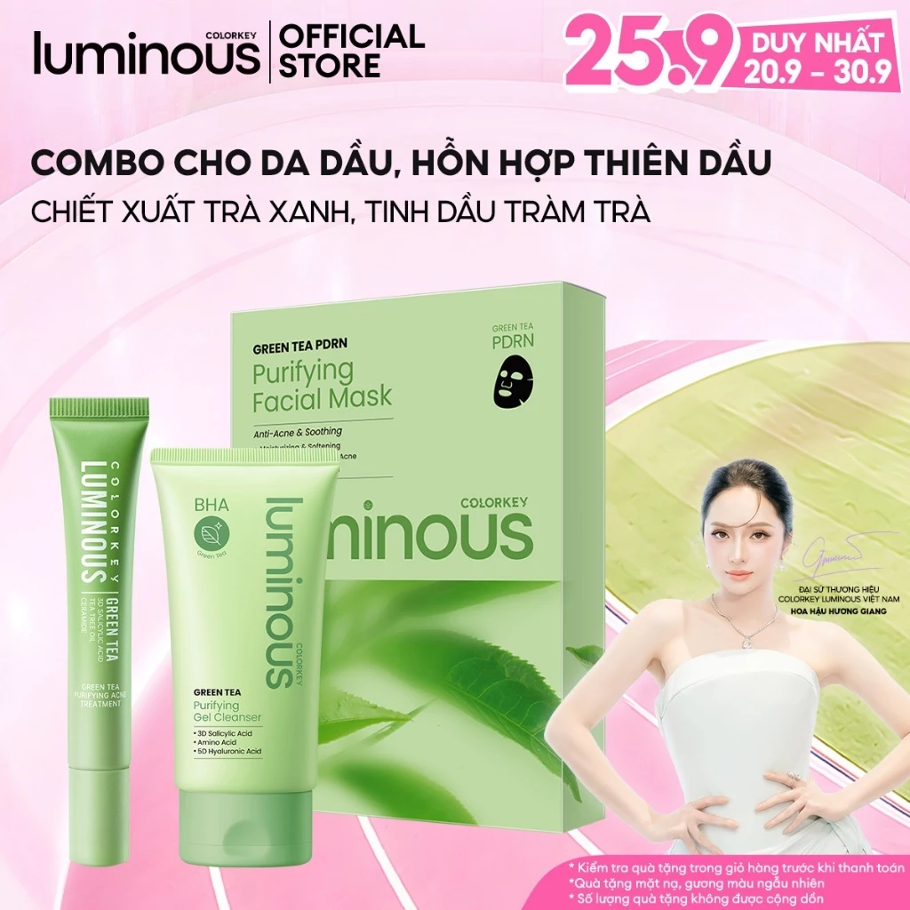 [COMBO] Hỗ Trợ Mờ Thâm Colorkey Luminous | 1 Sữa Rửa Mặt 100g, 1 Hộp Mặt Nạ Trà Xanh 10 miếng và 1 Kem Chấm Mụn 20g