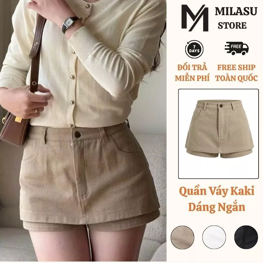 Quần Váy Kaki Chất Vải Dày Dặn Dáng Ngắn Milasu Quần Giả Váy Nữ 2 Tầng Cạp Cao Dáng Chữ A 568