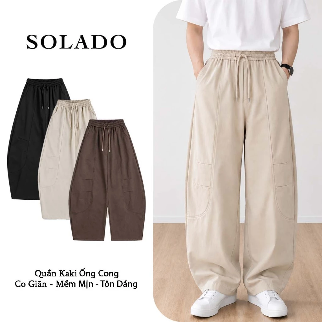 Quần Dài Kaki SOLADO Nam Nữ Form Rộng Ống Cong Cạp Chun Phong Cách Đường Phố QOC2