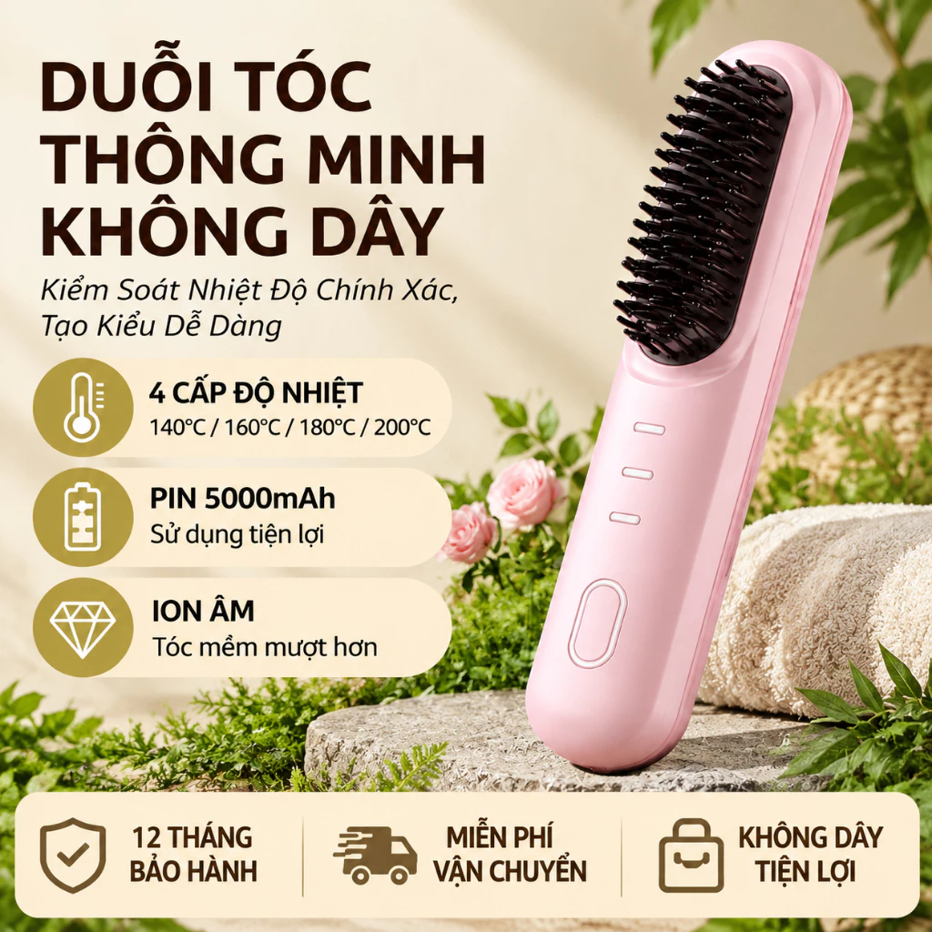 Lược Điện Duỗi Tóc Mini Không Dây Ion Âm 4000mAh, Máy Duỗi Tóc Cầm Tay 4 Cấp Nhiệt 30W Sạc Type-C Tiện Dụng