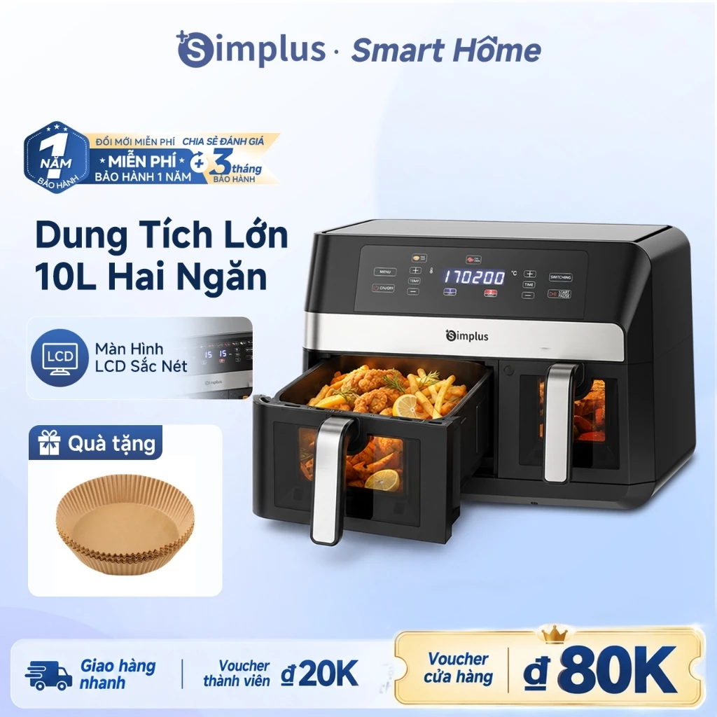 Simplus Nồi Chiên Không Dầu Hai Ngăn Dung Tích Lớn 10LMàn Hình LCD Menu 11 Món Cài Sẵn Cửa Sổ Trong Suốt KQZG020
