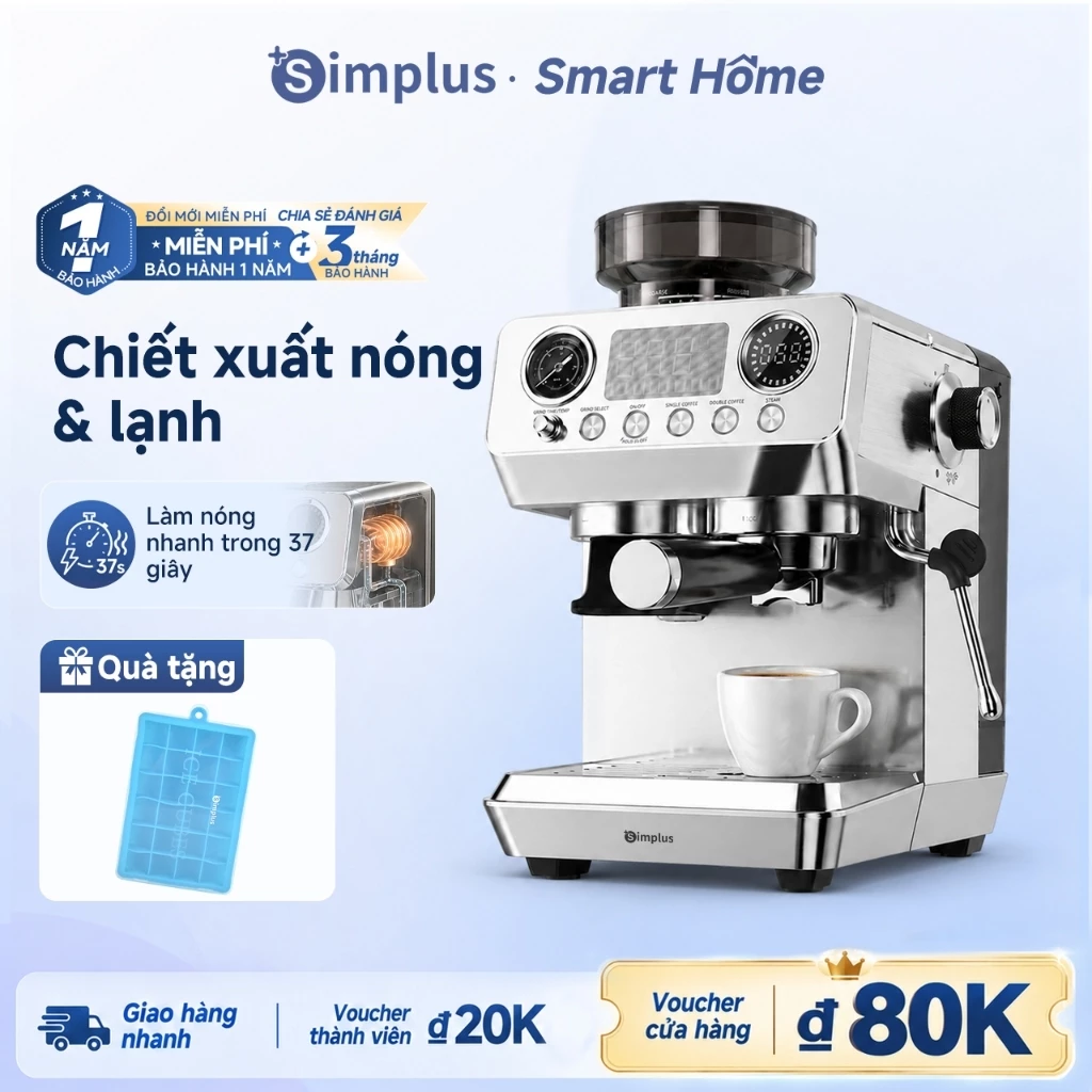 Simplus Máy pha cà phê espresso bán tự động  tích hợp xay–chiết xuất–tạo bọt sữa 3 trong 1 chiết xuất nóng & lạn KFJH022