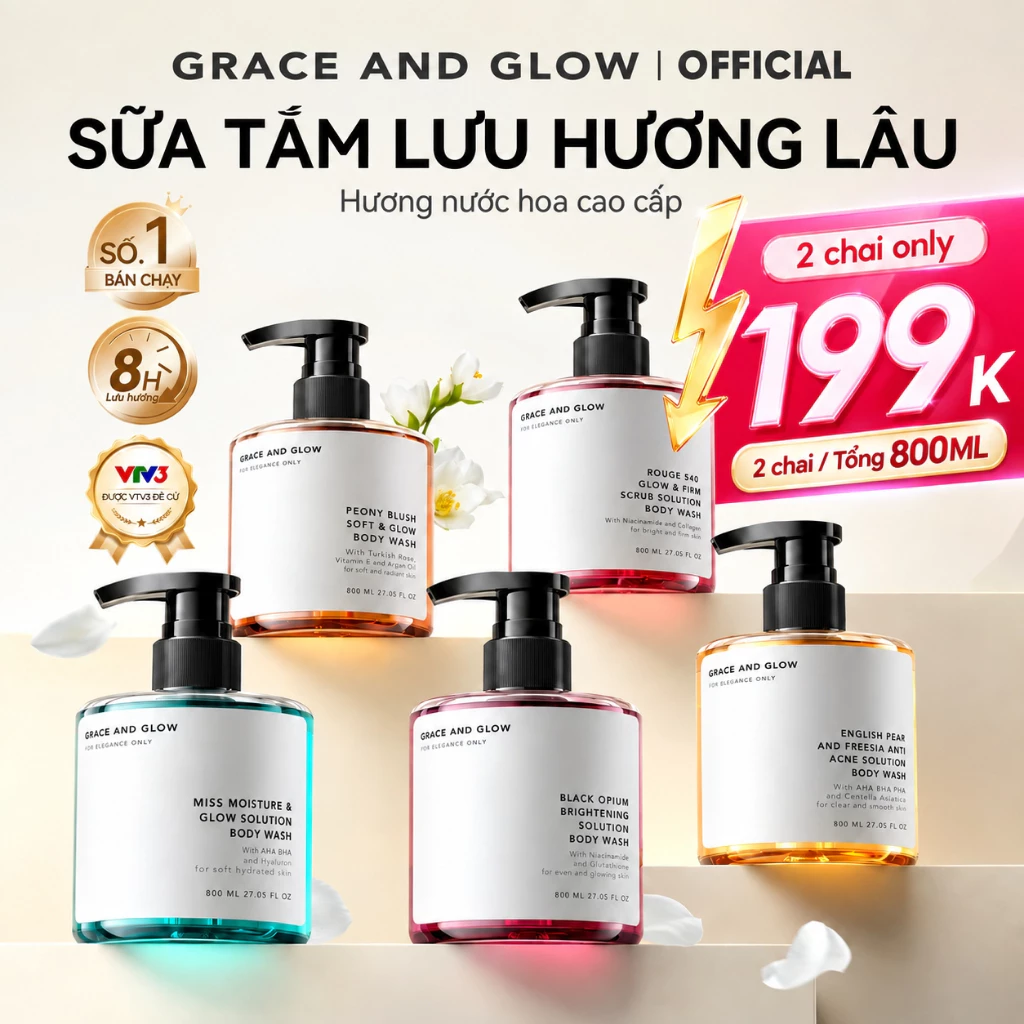 Sữa tắm trắng da hỗ trợ dưỡng ẩm tẩy da chết Grace and Glow nước hoa Body Wash 400ml Niacinamide lưu hương lâu thơm