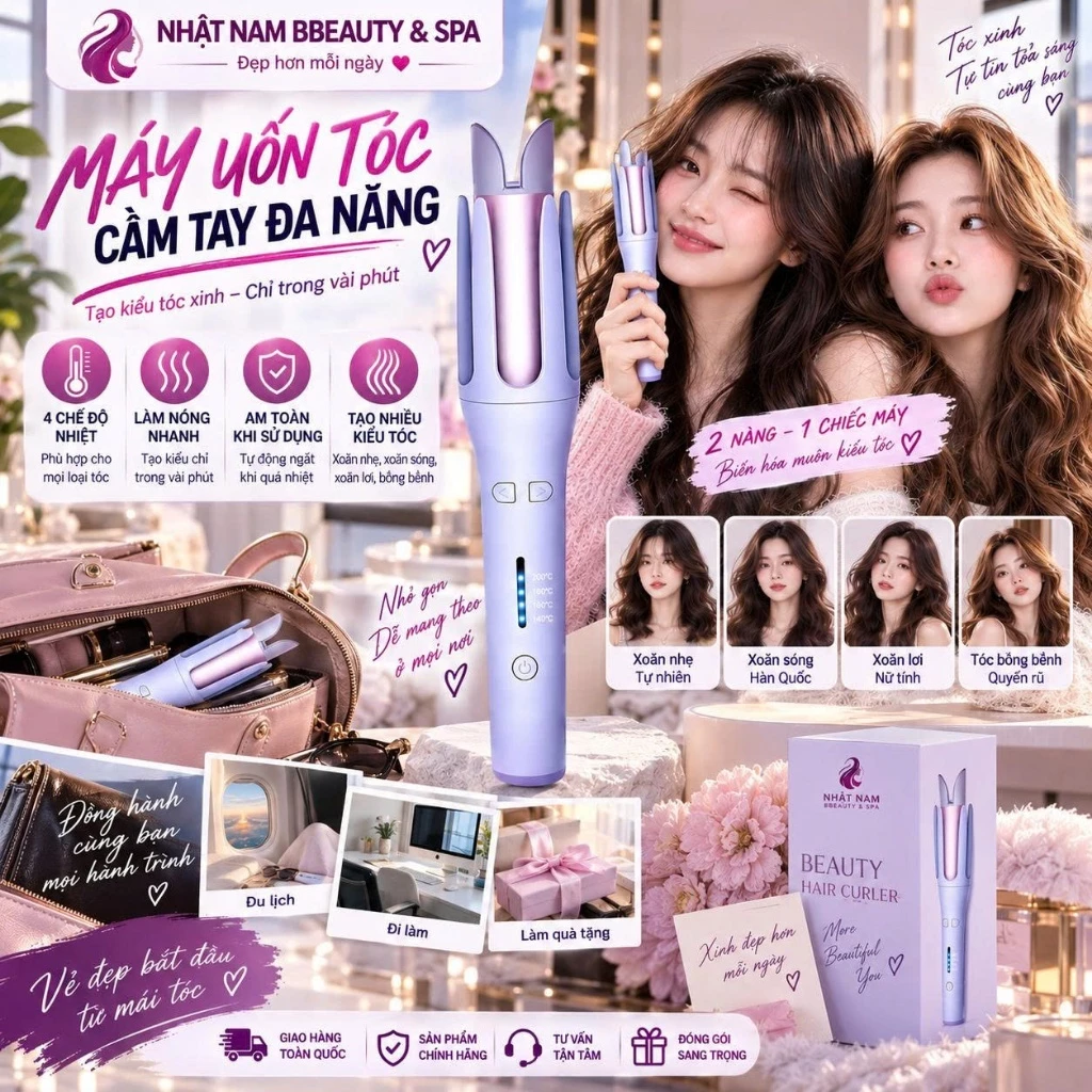 Máy Uốn Tóc Xoăn Tự Động, Máy Làm Tóc Xoăn 4 Mức Độ Nhiệt, Làm Nóng Nhanh, Ion Âm Giúp Làm Xoăn Tóc Tự Nhiên